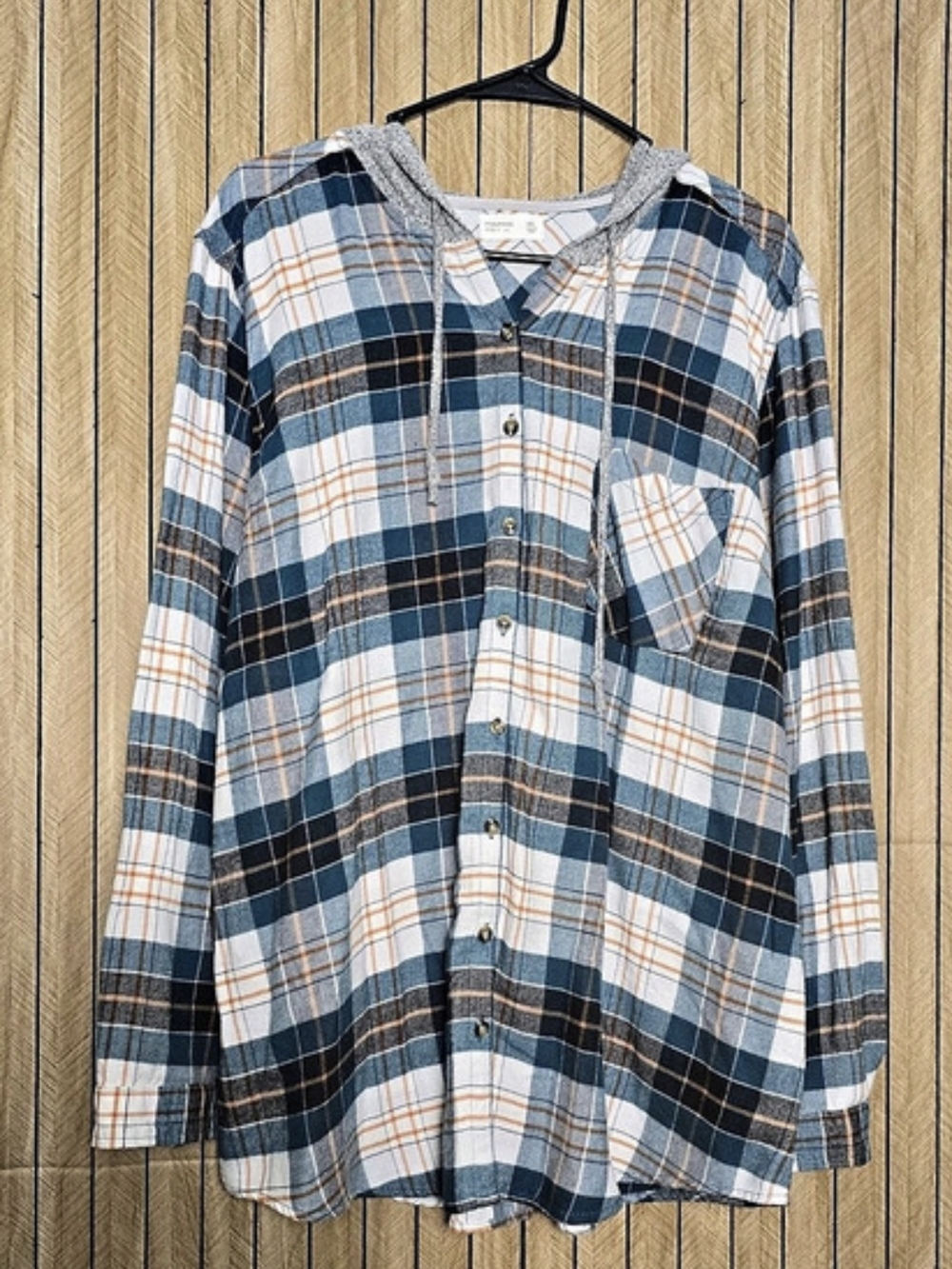 maurices Relaxed Fit Hooded Tunic Plaid Flannel Shirt Blue & White XXL